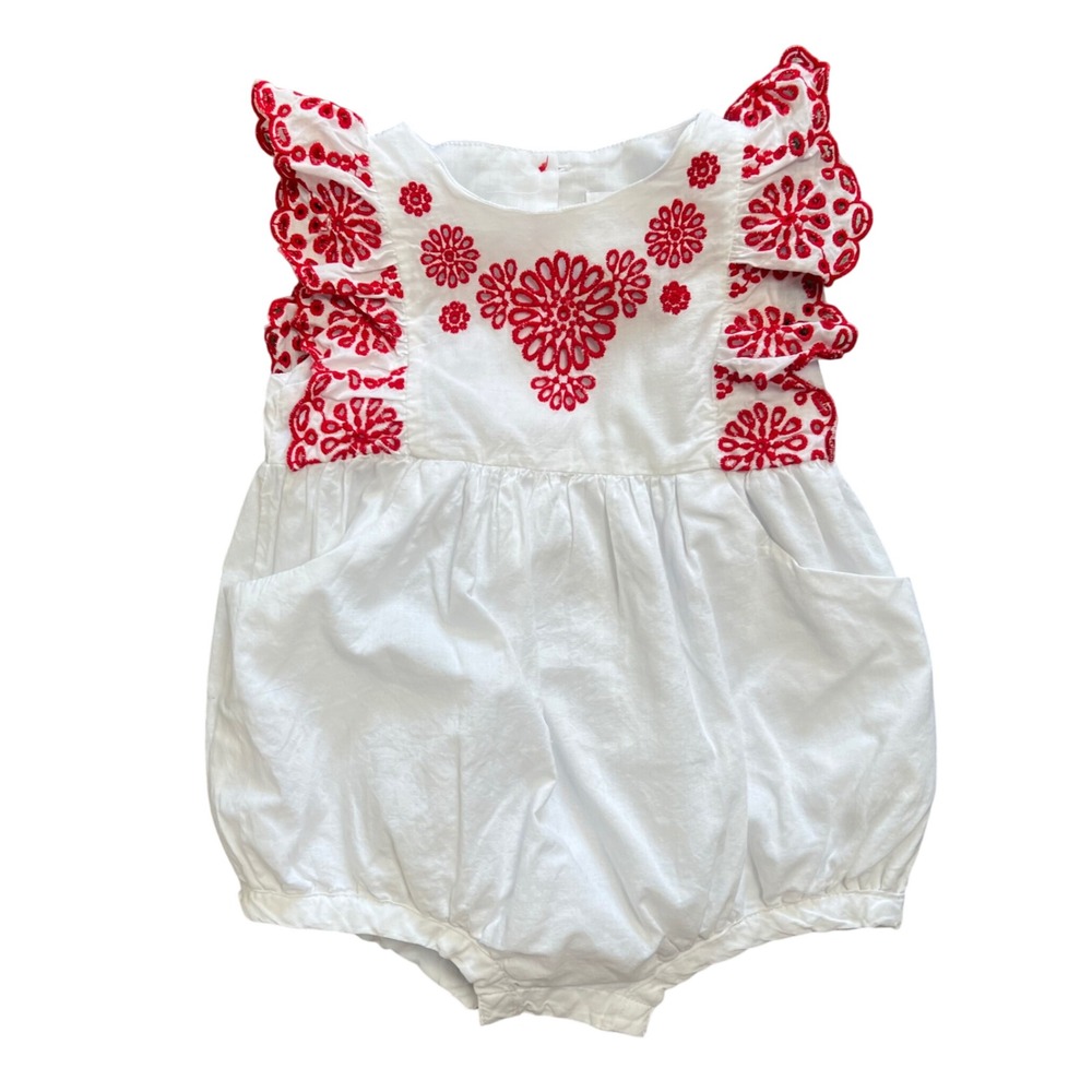Dylan & Abby Baby Girl White Red Eyelet Floral Bubble Romper Size 12M Pockets